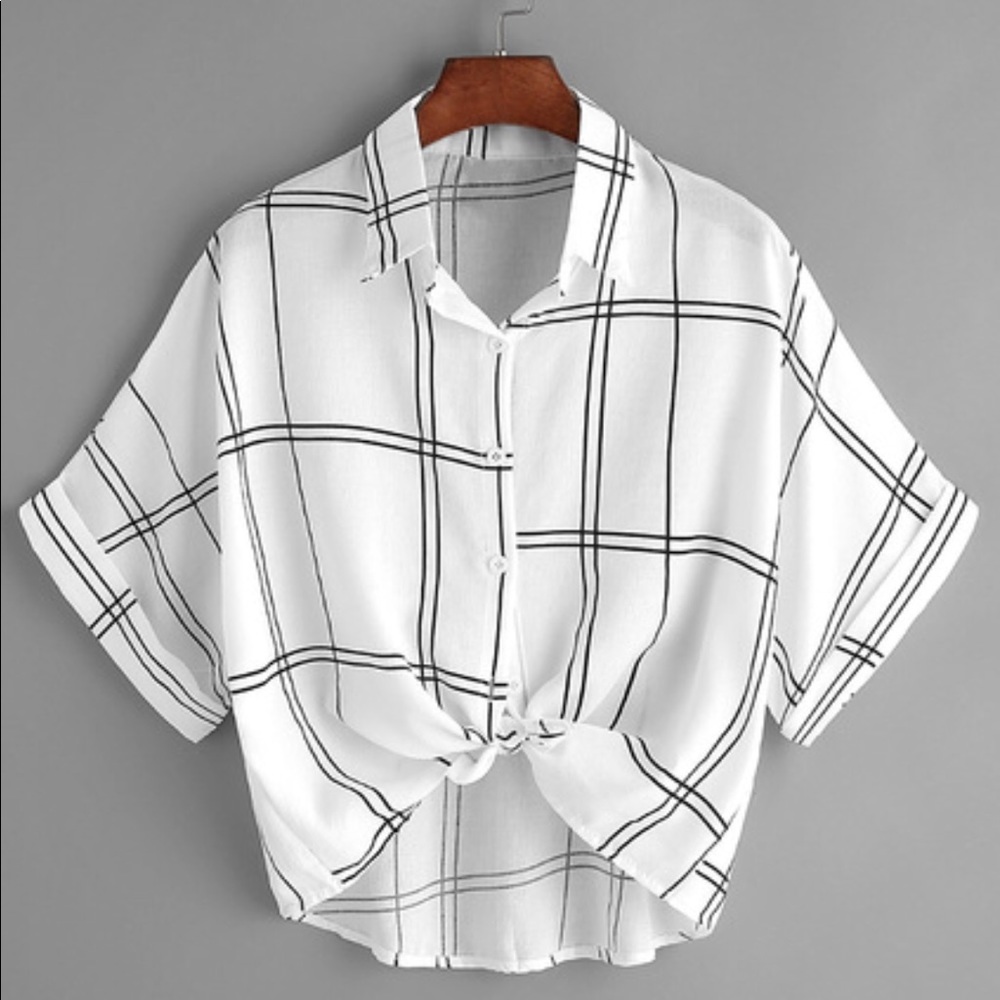 Black and White Plaid Tie Front Cuffed Shirt